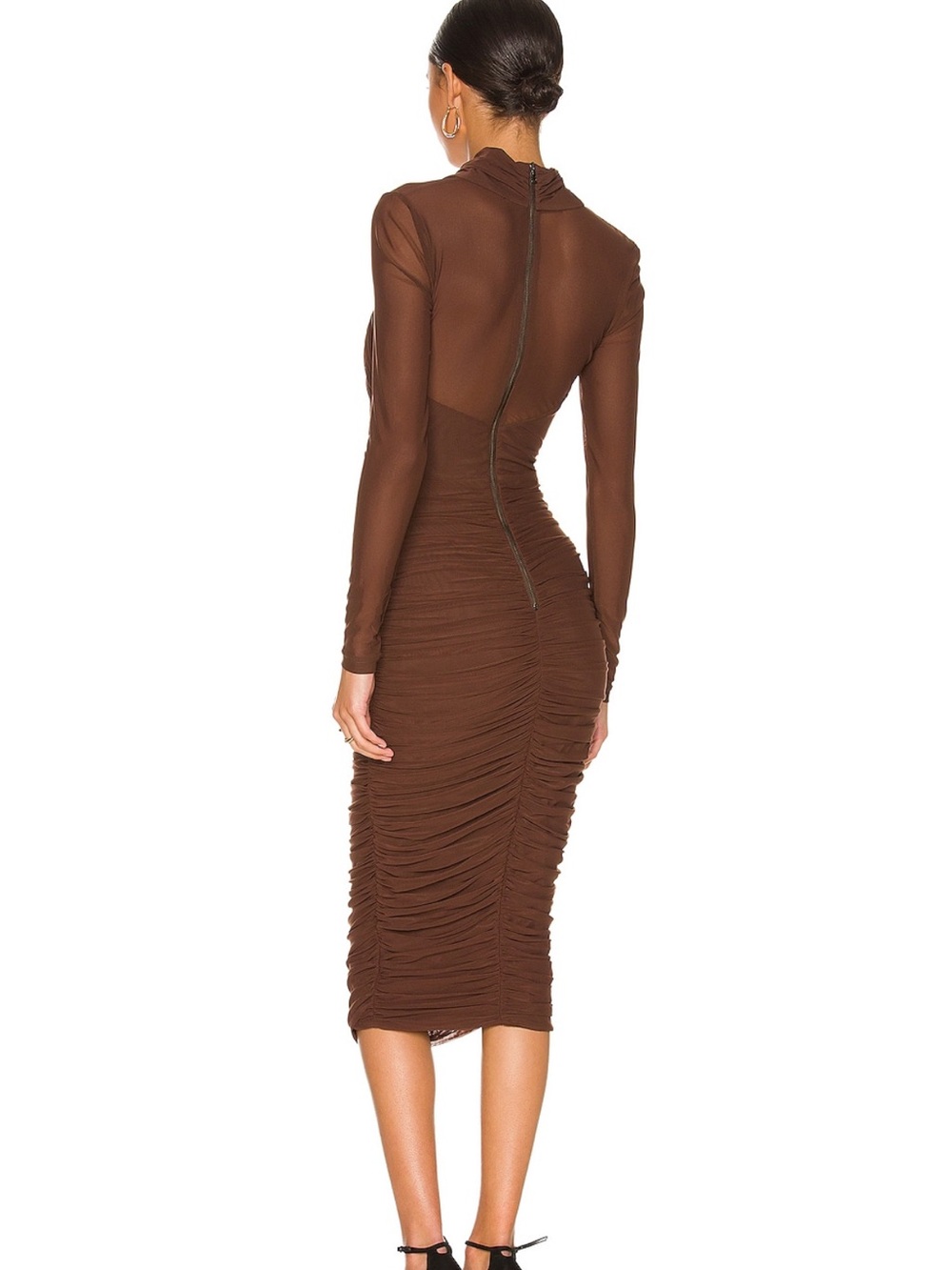 Bardot Brown Long-Sleeve Ruched Midi Dress with Cutout - Picture 2 of 2